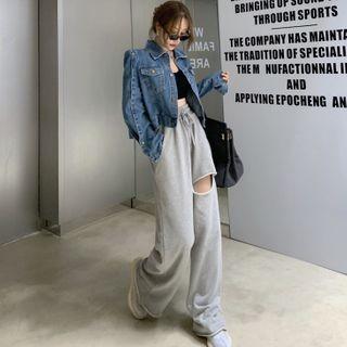 Padded-shoulder Denim Jacket / Cutout Wide-leg Pants