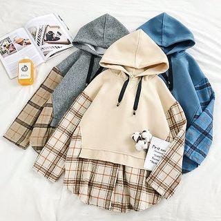 Mock-two Plaid Loose-fit Hoodie