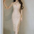 Long-sleeve Cutout-front Lace Dress