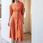 Contrast Stitching Elbow-sleeve Midi A-line Dress