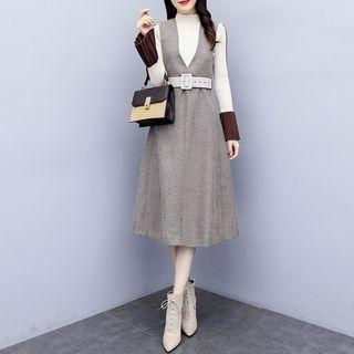 Set: Contrast Trim Knit Top + A-line Pinafore Dress