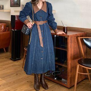 Tie-waist Color Block Panel Denim Dress