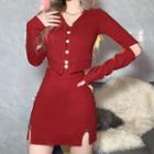 Set: Long-sleeve Cut-out Button-up Top + Mini Pencil Skirt