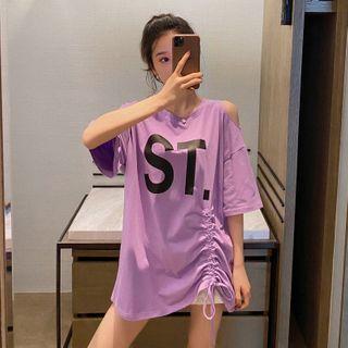 Cold-shoulder Lettering Drawstring T-shirt