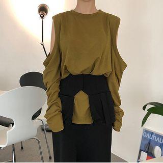 Cut Out Long-sleeve T-shirt Army Green - One Size