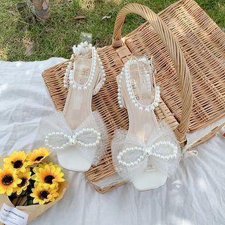 Low Heel Faux Pearl Bow Sandals