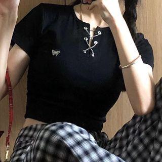Butterfly Print Short-sleeve T-shirt / Plaid Wide-leg Pants