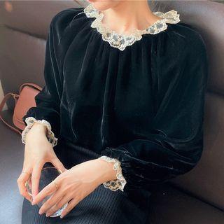 Long-sleeve Ruffle-trim Velvet Top Black - One Size