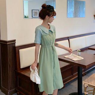 Mock Two-piece Striped Panel Short-sleeve Midi A-line Dress