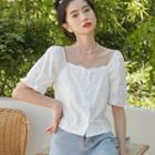 Elbow-sleeve Faux Pearl Button Blouse