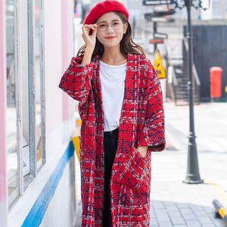 3/4-sleeve Open-front Plaid Coat