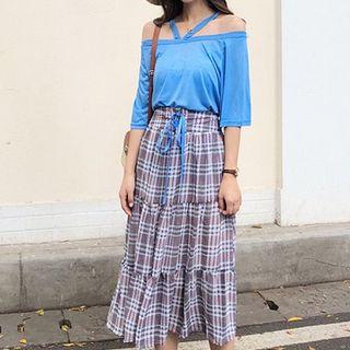 Plain Off-shoulder Halter Top/plaid High-waist Skirt