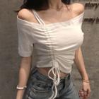 Off-shoulder Short-sleeve Drawstring T-shirt