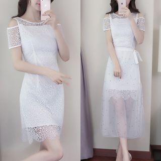 Set: Short-sleeve Lace Dress + Sheer Midi Skirt