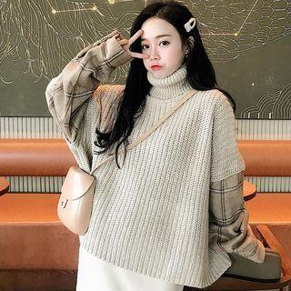 Plaid Panel Turtleneck Sweater