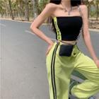 Lettering Cropped Tube Top / High-waist Contrast Trim Wide-leg Pants
