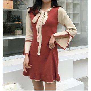Tie-neck Color Panel Long-sleeve Mini A-line Dress