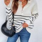 Zipped Long Sleeve Striped Sweater