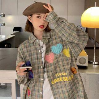Heart Bear Embroidered Plaid Shirt