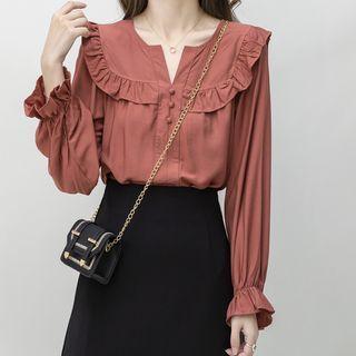 Lantern-sleeve Collared Ruffle Trim Plain Top
