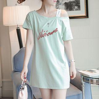 Lettering Embroidered Cold Shoulder Short-sleeve T-shirt Dress