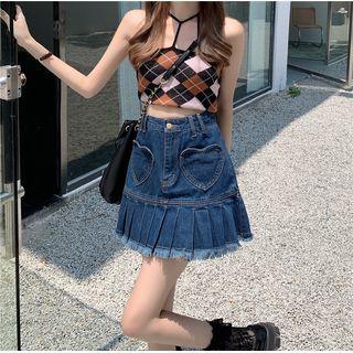 High Waist Heart Denim Mini A-line Skirt