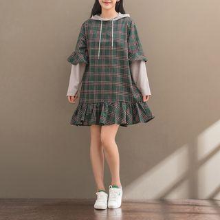 Hooded Mock Two-piece Plaid Dress