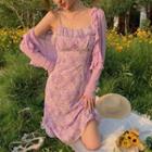 Long-sleeve Plain Knit Cardigan / Spaghetti-strap Floral Dress / Short-sleeve Shirred Floral Dress