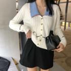 Color Block Collared Cardigan White - One Size