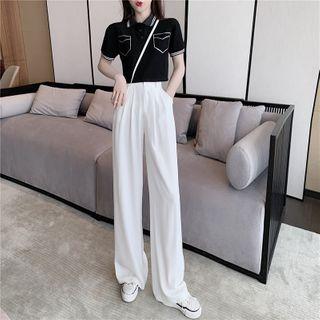 Polo-neck Short-sleeve Knit Top / Wide-leg Pants