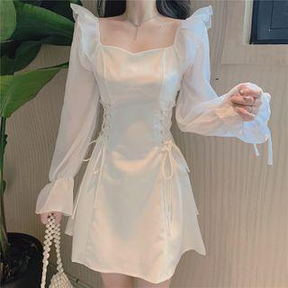 Square-neck Lace-up Mini A-line Dress