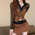 Long-sleeve Mesh Top / Belted Strapless Corset Top / Mini Skirt