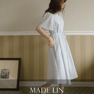 V-neck Polka-dot Long Shirtdress (dot) Black - One Size