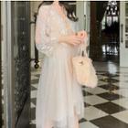 Elbow-sleeve Lace Jacket / Sequined Spaghetti Strap Midi A-line Dress
