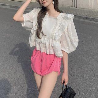 Puff-sleeve Ruffled Lace Trim Blouse