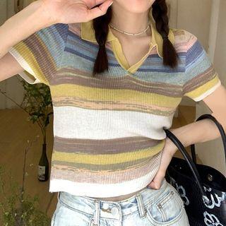 Short-sleeve Collar Color Block Knit Top