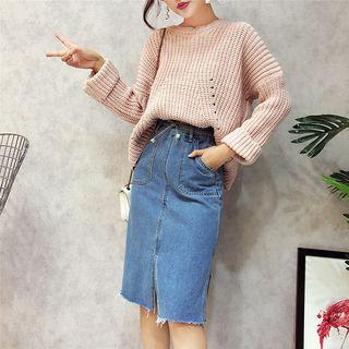 Set: Crewneck Sweater + Side Slit Denim Skirt