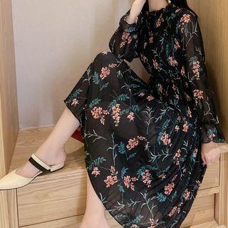 Flower Print Long-sleeve A-line Dress / Knit Vest