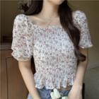 Short-sleeve Floral Print Shirred Chiffon Top / Long-sleeve Top