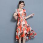 Short-sleeve Floral Print Crewneck Chiffon A-line Sheath Dress