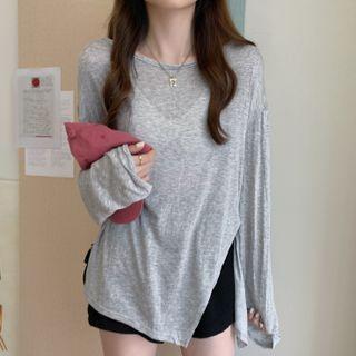 Plain Side-slit Long-sleeve Top