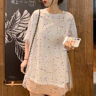 Short-sleeve Star Print Mesh Panel T-shirt