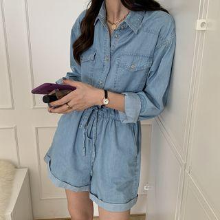 Long-sleeve Denim Playsuit Denim Blue - One Size