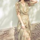 Short-sleeve Printed Open-back Maxi Wrap Dress