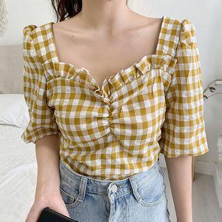 Ruffle Trim Short-sleeve Plaid Blouse