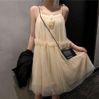 Sleeveless Dotted Mesh Dress Almond - One Size