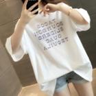 Lettering Cutout-back Elbow-sleeve T-shirt
