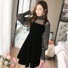 Set: Mock-neck Mesh Long-sleeve Top + Velvet Spaghetti Strap Dress