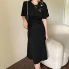 Short-sleeve Plain Asymmetric Dress Black - One Size