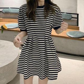 Short-sleeve Striped A-line Mini Dress As Shown In Figure - One Size